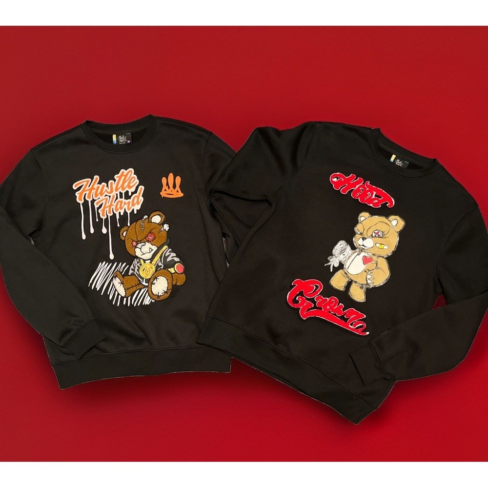 Bleecker & Mercer Men's Sweatshirt Hustle Hard Teddy Bear And Hood Crown Bundle
